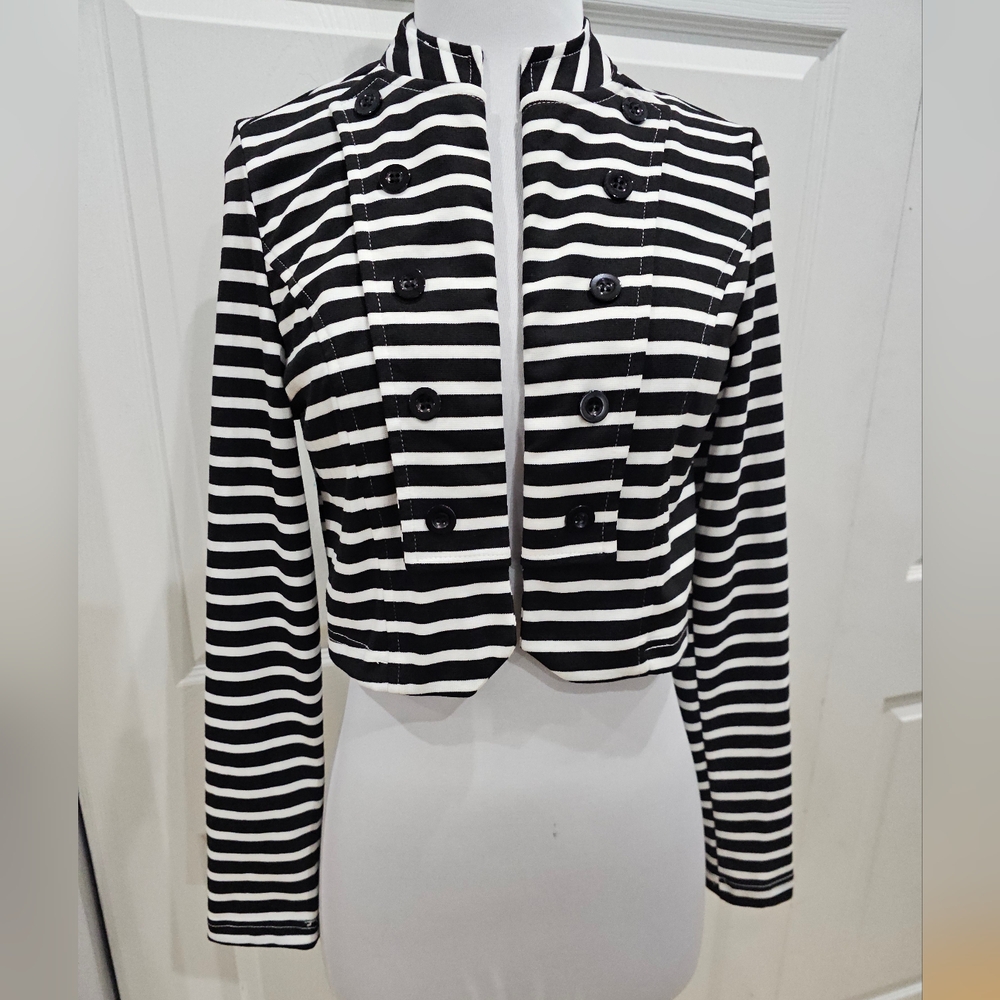 Poetry Black & White Striped Blazer Open Front Crop Jacket Top S NWT
